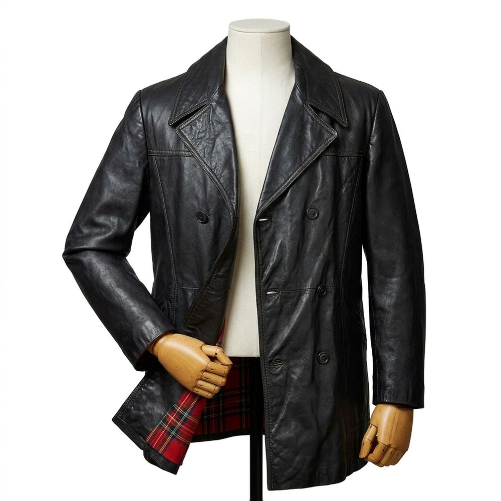 Vintage McGregor Double Breasted Leather Coat Red Tartan Lining Men's Size 40